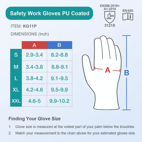 KAYGO KG11PB Safety Work Gloves, PU Coated Seamless Knit Gloves with Touchscreen, 12 Pairs for Men and Women (Large,