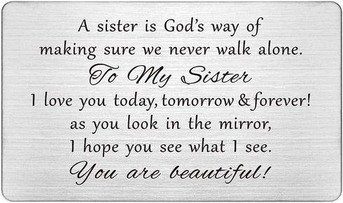 FALOGIJE Sister Gifts from Sister - Permanent Engraving Wallet Card, A Sister is God's Way of Making Sure We Never Walk