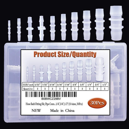 30Pcs Hose Barb Fittings Kit, Pipe Connector Joint Splicer for Aquarium Gas Liquid Air, 10 Sizes for Hose ID