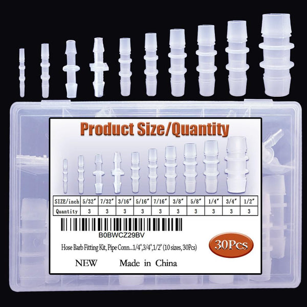 30Pcs Hose Barb Fittings Kit, Pipe Connector Joint Splicer for Aquarium Gas Liquid Air, 10 Sizes for Hose ID