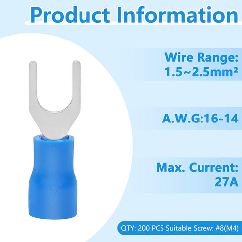 200 Pcs Insulated Fork Spade U-Type Wire Connectors, 16-14 AWG M4 Electrical Crimp Terminals