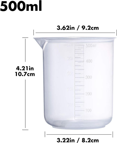 Plastic Beaker Set, 5 Sizes Low Form Measuring Graduated Griffin Polypropylene Beakers in 500 ml, 250 ml, 100 ml, 50 ml, 25 ml for Laboratory, & Science Experiments with 5 Plastic Droppers in 3 ml