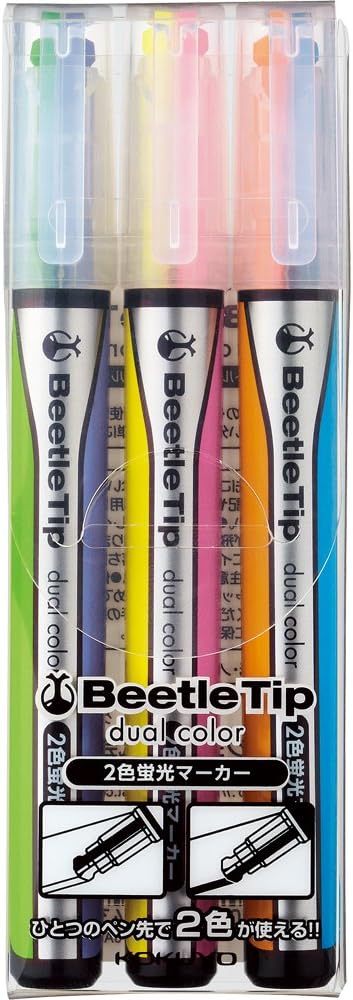 KOKUYO Beetle Tip Dual Color Highlighter, Fluorescent Markers, Standard Colors Set, Japan Import (PM-L303-3S)