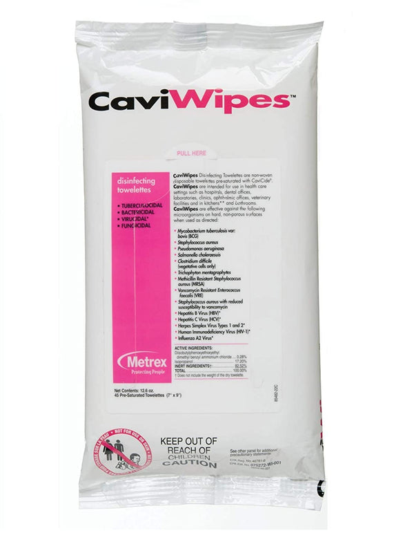 13-1224 CaviWipes Surface Disinfectant Towelette Wipe, 7" Width, 9" Length, Pack of 45