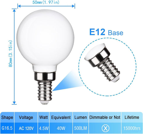 KLY Bulb E12, 4000K Bulbs, 50W Bulbs A15 500LM, CRI90, Dimmable, 6 Pack Ceiling Fan Light Natural Daylight Candelabra