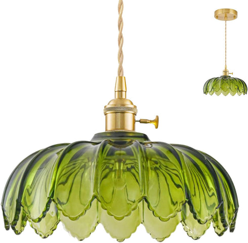 Glass Pendant Lights Kitchen Island, Vintage Brass Pendant Light Fixtures, Adjustable Green