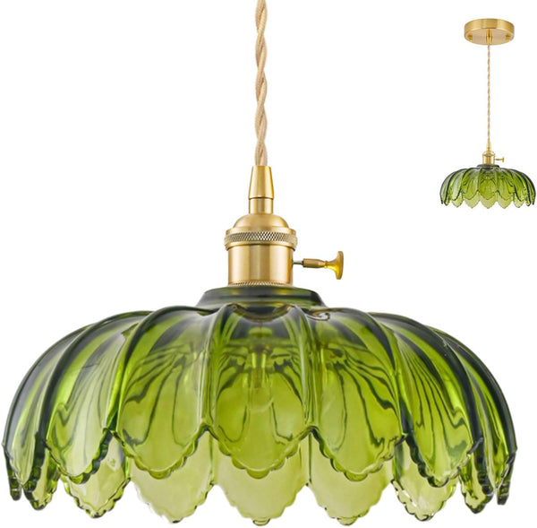 Glass Pendant Lights Kitchen Island, Vintage Brass Pendant Light Fixtures, Adjustable Green