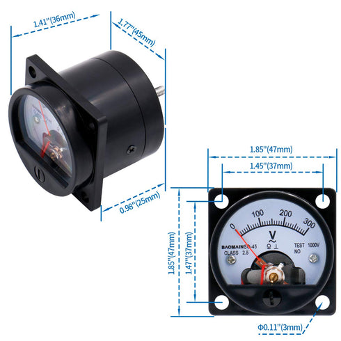 Baomain Analog Dial Panel Meter Voltmeter Gauge SO-45 AC 0-300V Round Black