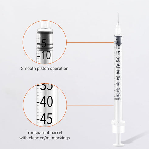 U-100 1/2ml 31ga Disposable Syringe and 31G x 6 mm (1/4’’) Needle, Lab Dispensing Supplies, 100Pack