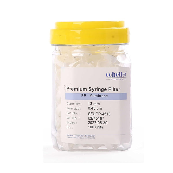 100 Pack PP Syringe Filter Lab Filters, 0.45µm Pore Size, 13mm Diameter, Hydrophobic Filtration Non-sterile