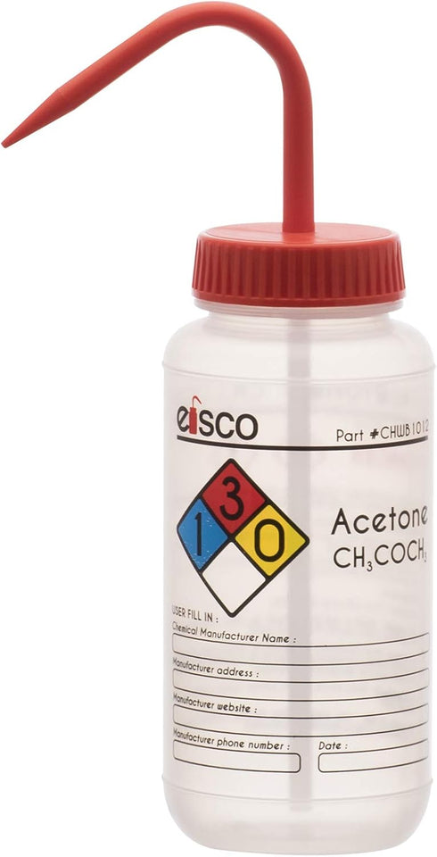 EISCO 2PK Wash Bottle for Acetone, 500ml, Labeled with Color Coded Chemical & Safety Information