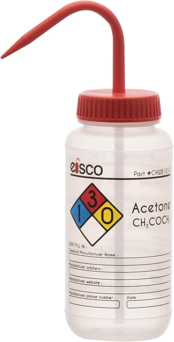 EISCO 2PK Wash Bottle for Acetone, 500ml, Labeled with Color Coded Chemical & Safety Information