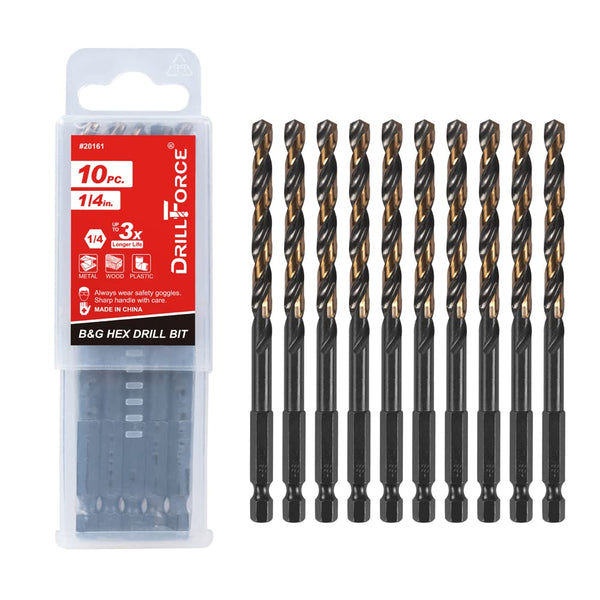 10PCS 1/4" Impact Drill Bit Set, Hex Drill Bits, Black Gold HSS Quick Change Impact Driver Set for Wood, Plastic