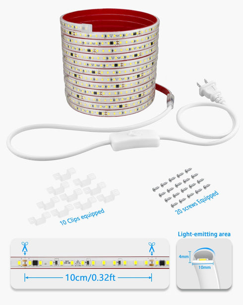 110V 20FT 110V-120V 2835 120LED/M White LED Strip Lights for Bedroom Adhesive Flexible Outdoor Waterproof LED Rope