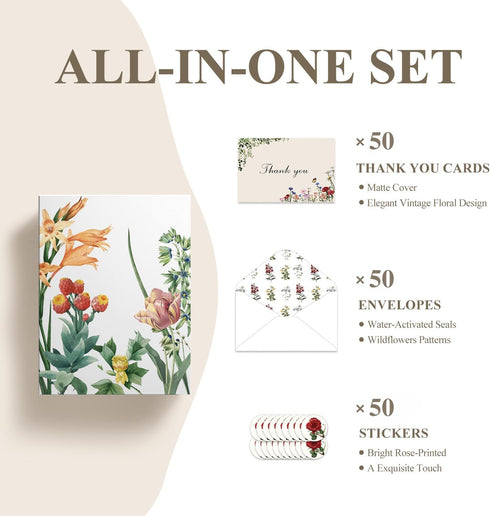 Poatel 50 Pack 4x6 Inch Thank You Cards with Envelopes, Vintage Flower Blank Notes, Elegant Floral Design, Thank You