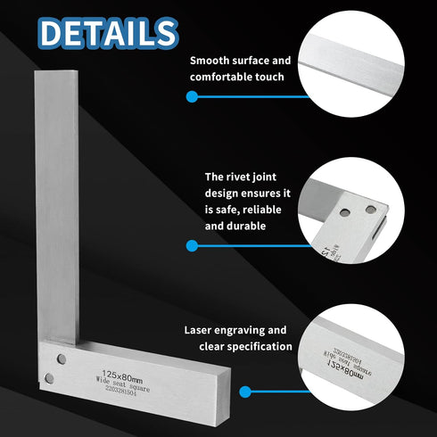 Machinist Square, 5" x 3.2" High Precision Mechanical Steel Square for Woodworking, L-Type Measuring Tool
