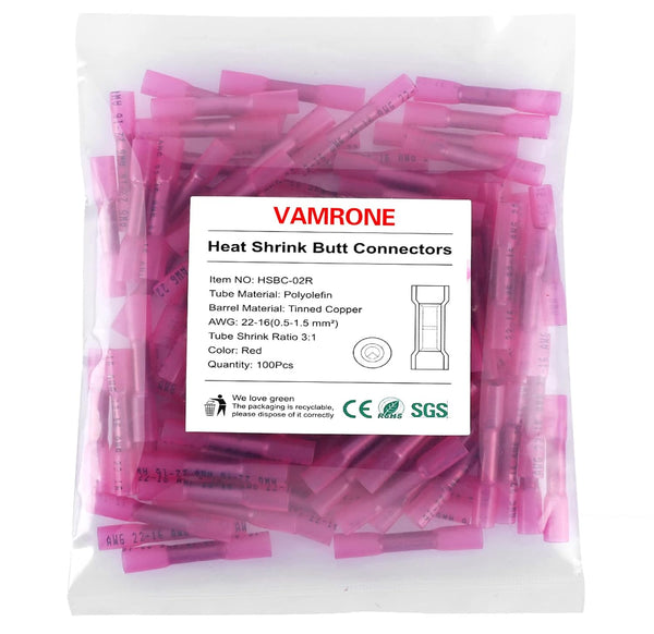 Heat Shrink Butt Wire Connectors, 100Pcs 22-16 AWG Red Insulated Waterproof Electrical Wire Connectors for Automotive