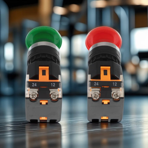 Emergency Push Button Switch, Green & Red Mushroom Head for Home or Industrial Equipment, 22mm, Stay-Put (2 Pack)