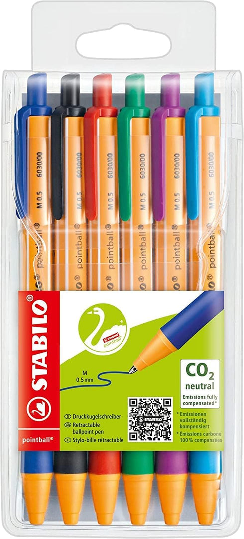 STABILO Ballpoint Pen Pack of 6 - Red, Blue, Black, Green, Turquoise, Lilac, Medium Point, Retractable
