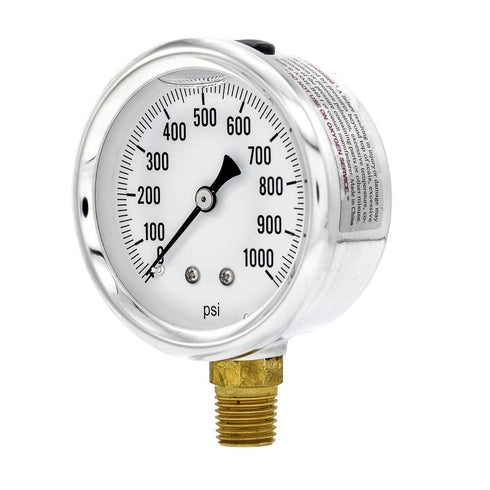 PIC Gauge S201L-254M Pressure Gauge - 0-1000 PSI, 2 1/2" Dial, Bottom Mount, Glycerin Filled, Stainless Steel