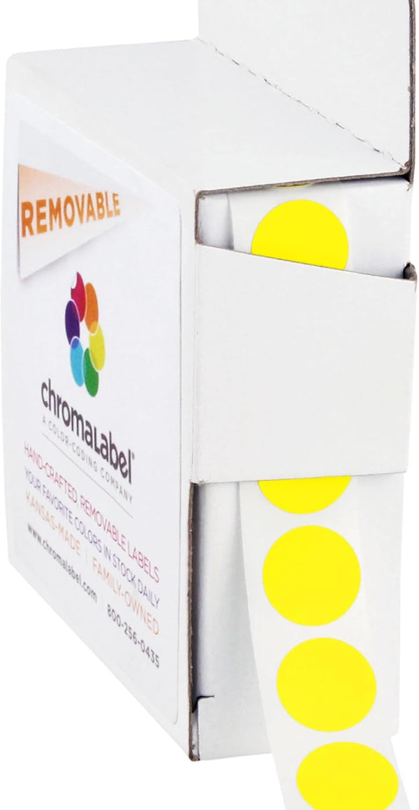 ChromaLabel 1/2 Inch Circle Sticker Labels, Removable Colored Dot Stickers - 1000 Yellow Dots per Dispenser Box