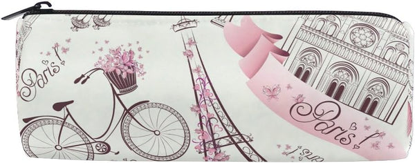 AUUXVA Floral Paris Eiffel Tower Pencil Bag, Zipper Pouch Holder for School Work Office Makeup Brushes
