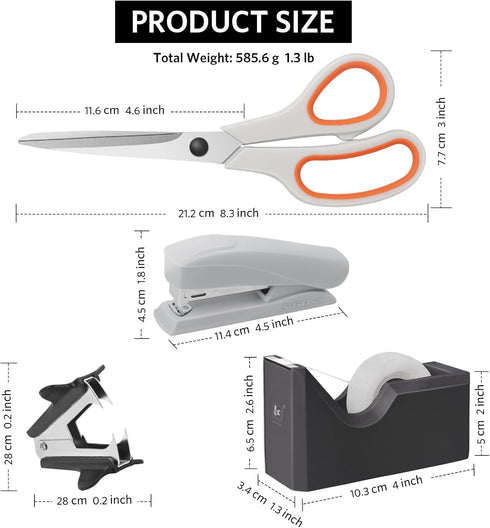 Office Supplies Kit, Desk Accessory Set with 2 Scissors, Stapler, 1000 Staples, Tape Dispenser, Perfect Office Partners