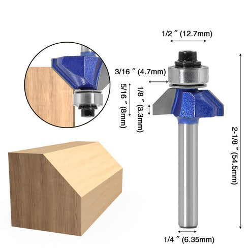 Yakamoz Industrial Grade 4Pcs Router Bit Set, 1/4 Inch Shank 45 Degree Chamfer with Top Bearing for Woodworking