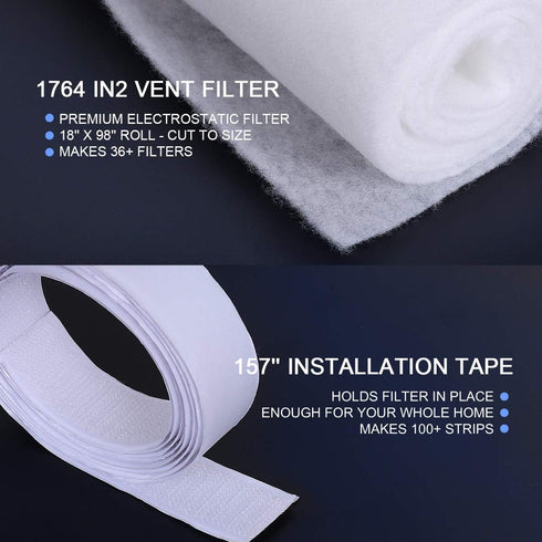 Complete Air Vent Filters Kit: 98'' x 18'' Electrostatic Media, 36+ Filters per Roll for HVAC, AC & Heating