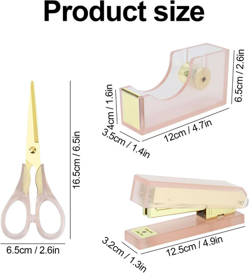 Stapler Tape Dispenser Scissors Set - Heavy Duty Acrylic Pink and Gold Office Supplies with 6.3" Gold Scissors