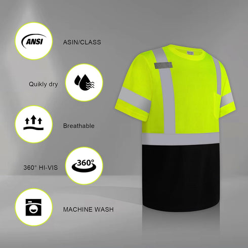 High Visibility Shirts for Men Class 3, Hi Vis Reflective Safety Work Shirts, Short Sleeve, Yellow 3XL