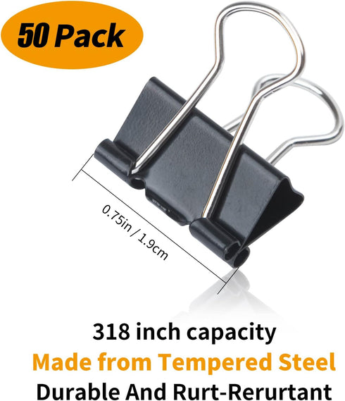 Metal Small Binder Clips, 50 Pack 3/4 Inch Paper Clamps for Office Supplies, Mini Black Clips
