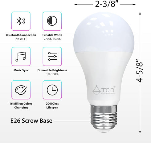 Bulbs Dimmable, 9W E26 Bulb 2700-6500K Bulb 60W 1 Pack Smart Light LED Smart Music Sync RGB Color Changing Tunable