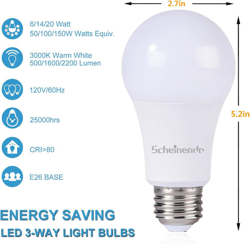 3-Way Led Light Bulbs A21, 50 100 150 Watt Equivalent, Perfect for Reading, Warm White (3000K), Indoor Standard E26 Bulb, Energy Efficient 20 Watt, 2200 Lumens, 4 Pack by Scheinenda