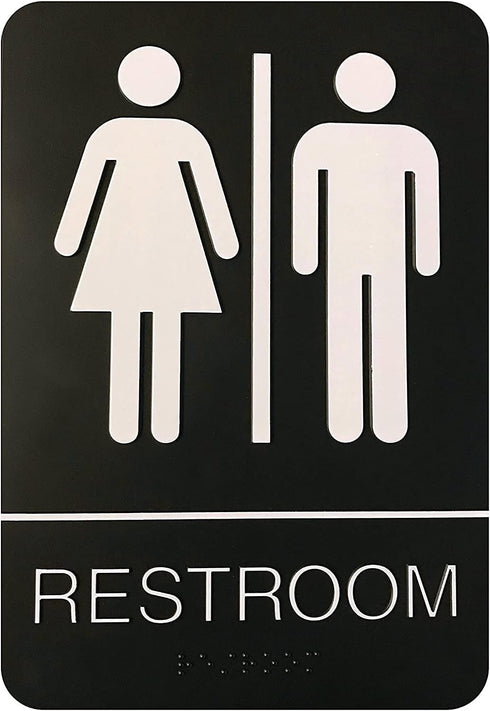 Unisex Braille Restroom Sign - 9 x 6 Inch with Graphical Symbols and Double Sided 3M Tape (Black)