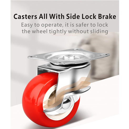 1.5 Inch Heavy Duty Caster Wheels with Brake, Swivel Casters, PVC Wheels, Red, 12 Pack