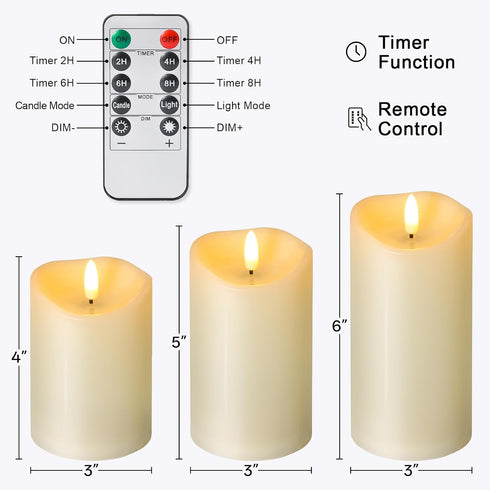 3 Pack NURADA Outdoor Flameless Candles with Remote Timer - Waterproof Realistic Flickering LED Pillar Electric Battery
