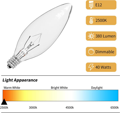 20-Pack E12 Bulbs 40W 2500K, 380 Dimmable Bulbs B10 Bulbs CYLYT Candelabra Light Warm White Lumen Chandeier Light