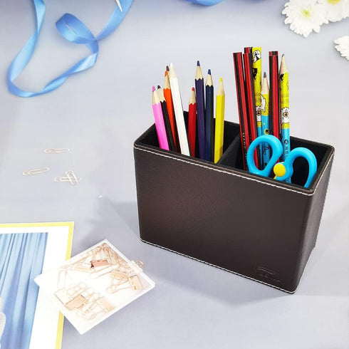 PU Leather Double Compartments Pen Holder for Desk, Square Pencil Organizer and Storage Case