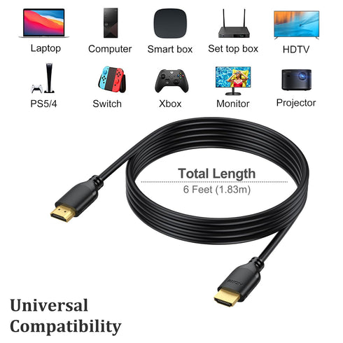 4K 6FT 5-Pack, 6 2.0 4K@60Hz, 2K, 1080P, 2.2, 3D, HDMI Cable High Speed HDMI to HDMI Cable Foot HDMI Cord Supports HDCP