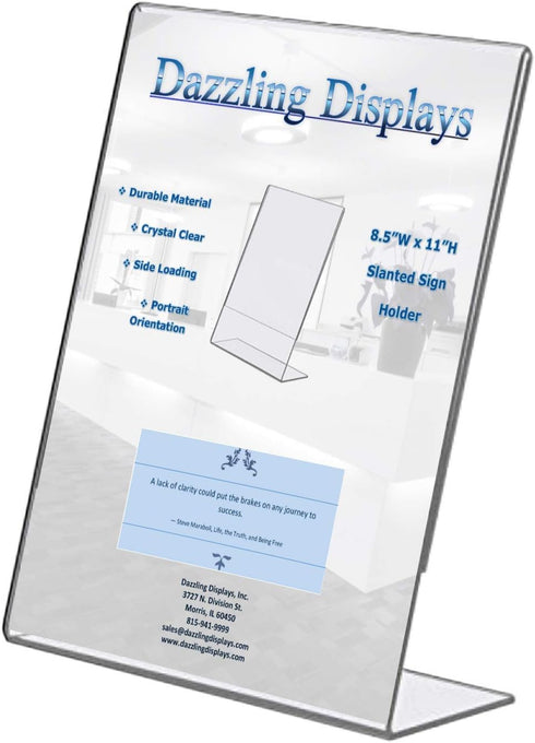 Dazzling Displays Clear Acrylic Slanted Sign Holder 8.5 x 11 - Slanted Picture Frame Holder for Office, Retail, Home
