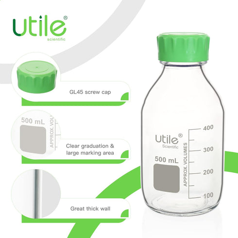 Media Bottle, 4 Pcs of 500ml Borosilicate Glass Bottles with GL45 Screw Caps for Lab Storage