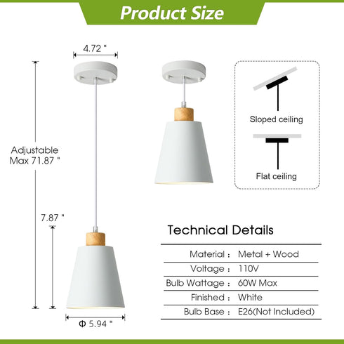 7.87in Counter, Mini Pendant Light Fixtures White Wood Pendant Lighting for Kitchen Island Cone Modern Ceiling Hanging