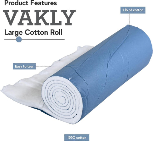 1 lb (Pack 3) 100% 12" 56", Vakly Cotton Roll of Cotton Non-Sterile Soft Highly Absorbent Roll x Easy Tear for Wound