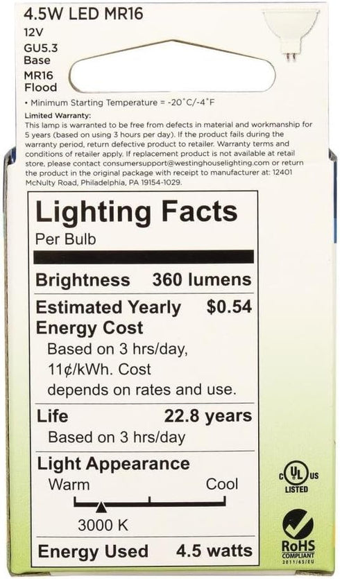 Westinghouse 3363800 35-Watt Equivalent MR16 Flood Dimmable Bright White LED Light Bulb, 1 Count