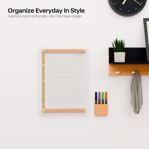 Clear Gold Glass Weekly Dry Erase Calendar 15x11", Menu & Meal Planner with Wood Decoration, Marker Holder and 4 Markers