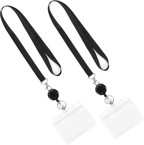 YOUOWO 2 Pack Lanyard with ID Badge Holder, Retractable Lanyard Black with Card Holders, Waterproof