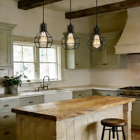 EFAYCRR Industrial Pendant Light, Rustic Farmhouse Pendant Light, Black Metal Wire Cage Hanging Light Fixture
