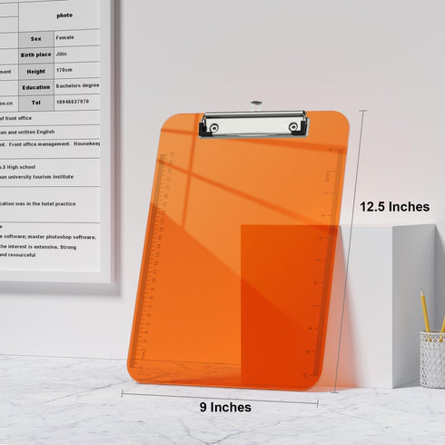 Plastic Clipboards, Translucent Clip Board with Low Profile, Purple Clipboard with Ruler,Office Clipboards, School Supplies, Letter Size 12.5 x 9 Inches, Orange by Piasoenc