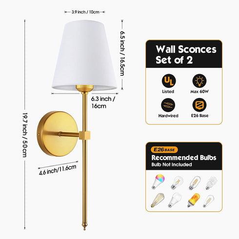 Sets 2, Wall Sconces of Retro Industrial Wall Lamps, Vanity Sconces Wall Lighting with White Fabric Shades, Wall Lights
